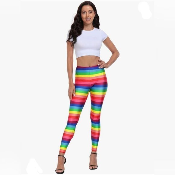☔️🔸️NWOT Rainbow Stripe Fitted Full Length Leggings Medium - Picture 2 of 10